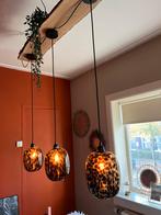 Unieke Houten Hanglamp met 3 Leopard Glazen Kappen, Ophalen, Zo goed als nieuw, Hout, 75 cm of meer
