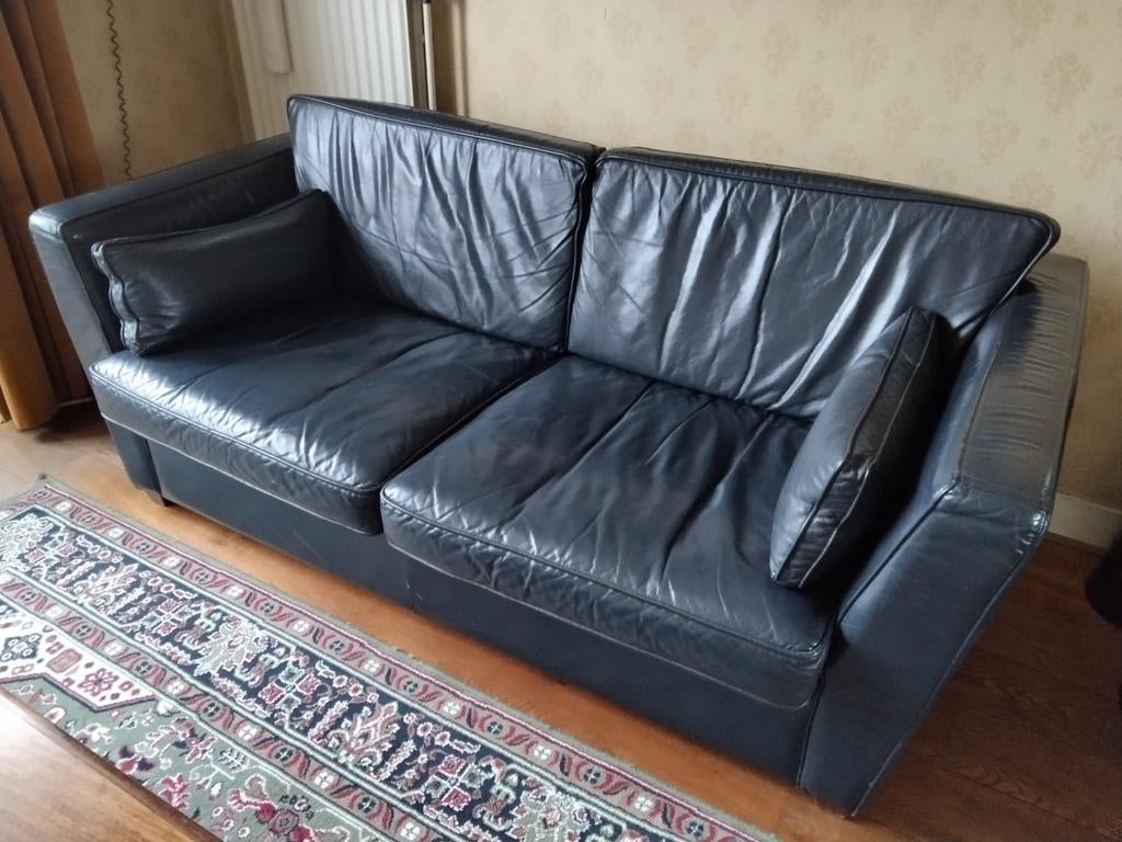 donkerblauwe leren tweezitsbank, Gebruikt, 150 tot 200 cm, Tweepersoons, Ophalen of Verzenden