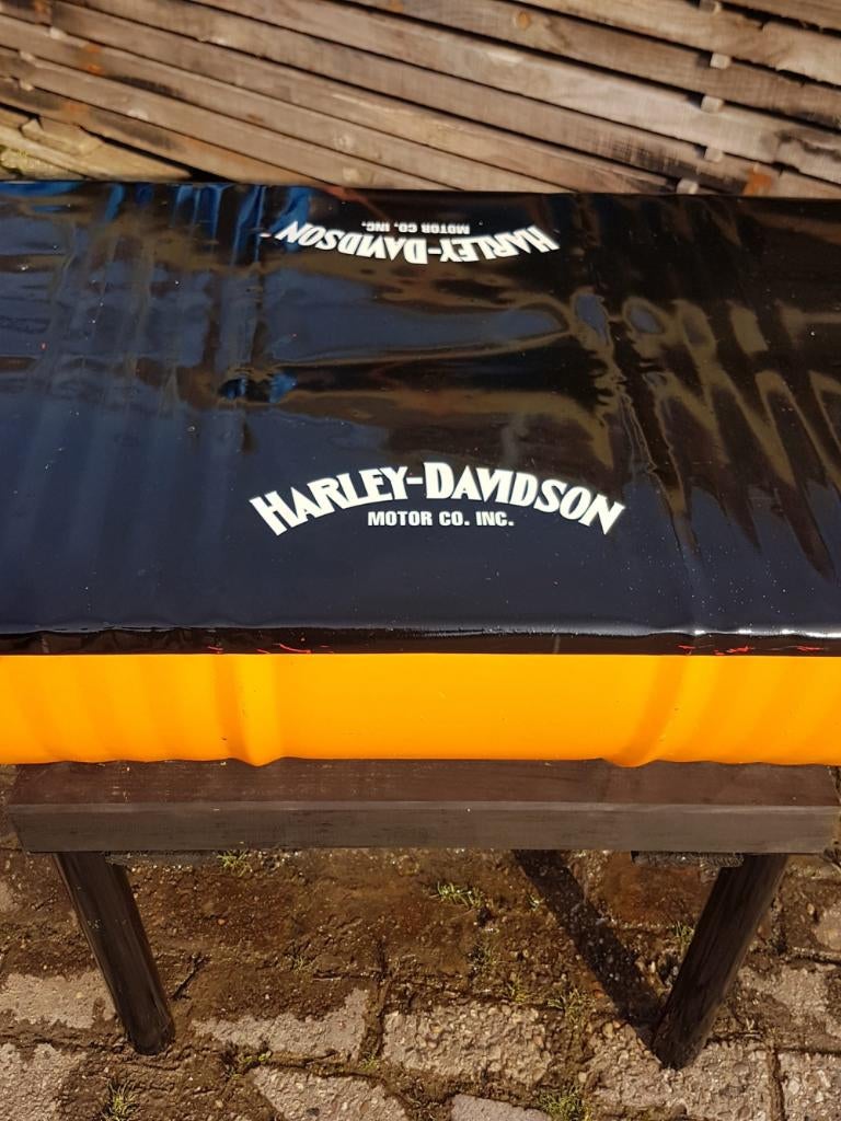 Bijzettafel gemaakt van olievat in Harley Davidson look😎, Ophalen, Gebruikt, Gebruiksvoorwerp, .