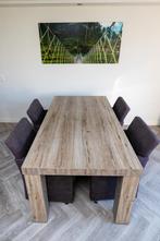 Eetkamerset met 4 verrijdbare paars/antraciet stoelen, Ophalen, Gebruikt, 100 tot 150 cm, Eikenhout