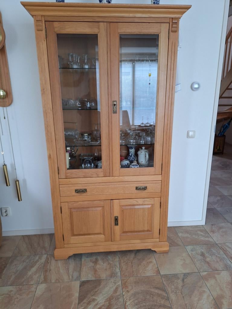 Massief eiken vitrinekast met lades en deuren, Ophalen, Gebruikt, Met deur(en), 200 cm of meer