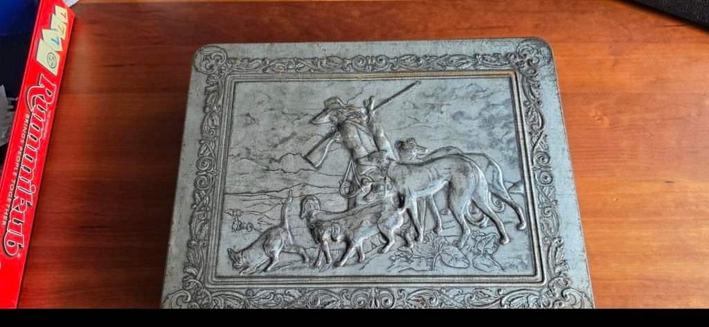 Oud opbergblik met jacht taferelen, Verzamelen, Blikken, Ophalen of Verzenden