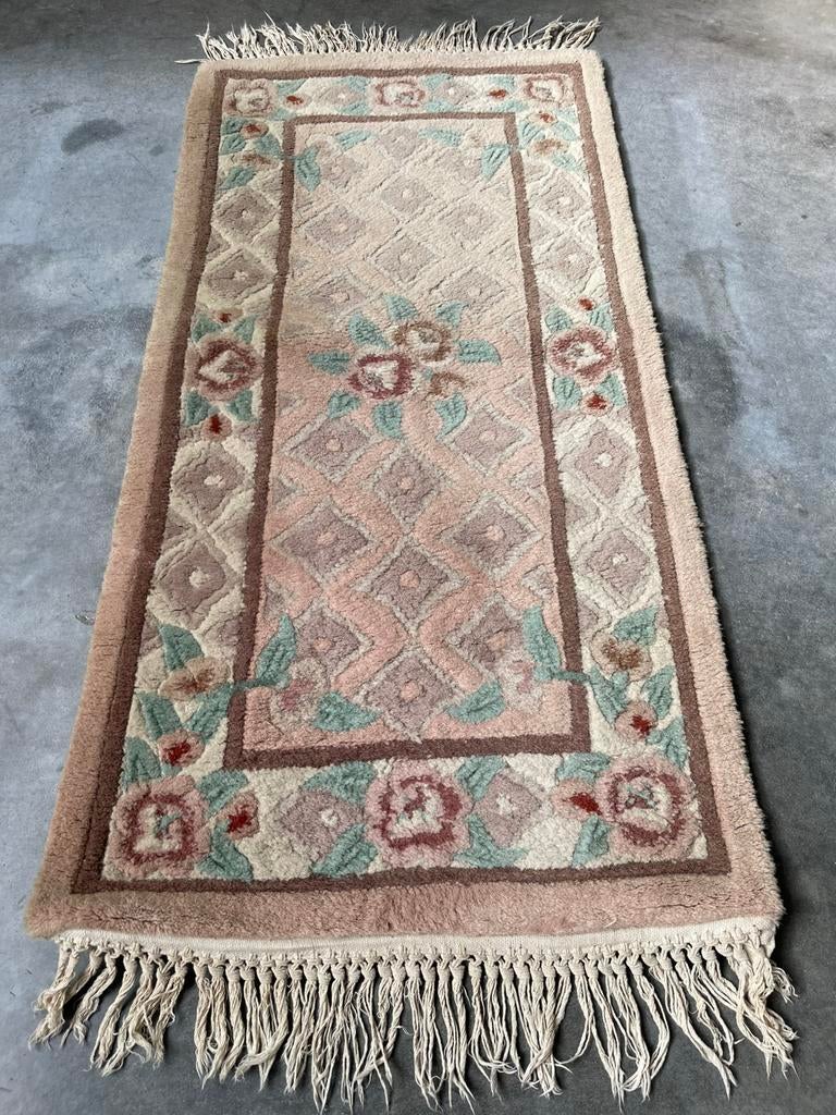 Handgeknoopt loper, Gebruikt, Handgeknoopte loper uit china scheerwol chinees vintage, 100 tot 150 cm, Crème