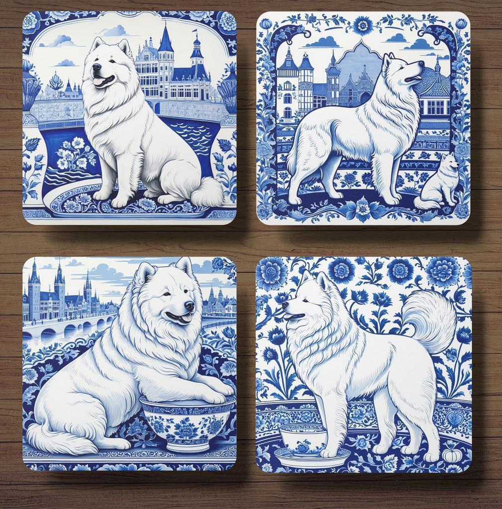 Samojeed Delfts Blauw onderzetters met houder, Ophalen of Verzenden, Nieuw, Glas of Kopje