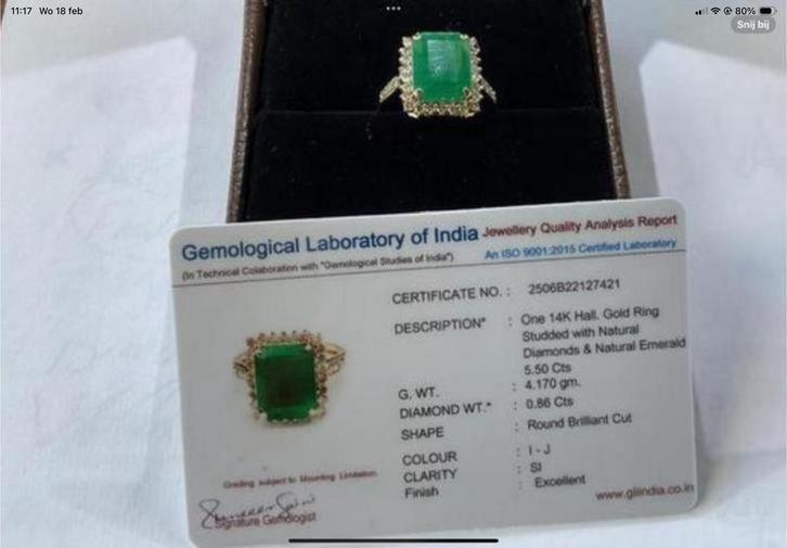 Ring goud met diamanten en smaragd, Sieraden, Tassen en Uiterlijk, Ringen, Nieuw, Dame, 17 tot 18, Goud, Ophalen of Verzenden