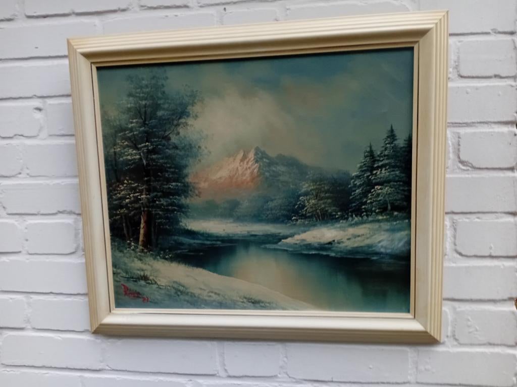 Bob Ross - Wintergezicht, verf op doek, Antiek en Kunst, Ophalen of Verzenden