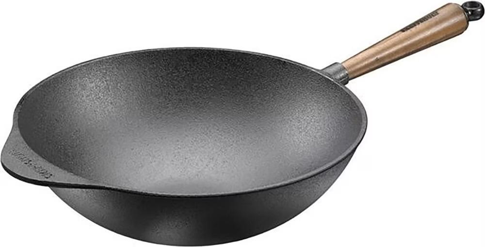 Skeppshult Gietijzeren Wokpan met Walnoothouten Handvat, Overige typen, Ophalen of Verzenden, Zo goed als nieuw, Zwart