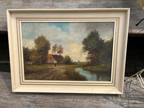 Schilderij boerderij vrouw stad vintage jaren 50-60 €65, Antiek en Kunst, Kunst | Schilderijen | Klassiek, Ophalen of Verzenden