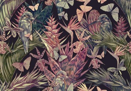 Vintage behang Bloemen en IJsvogels, Fotobehang4you, Huis en Inrichting, Stoffering | Behang, Verzenden
