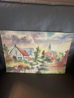 Aquarel schilderij van landschap met kerk, Ophalen of Verzenden