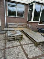 Outdoor bank van pallets met tafel en glas, Tuin en Terras, Wicker, 6 zitplaatsen, Bank, Ophalen of Verzenden