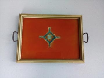 Oud dienblad.Hout/glas/metaal.Brocante. beschikbaar voor biedingen