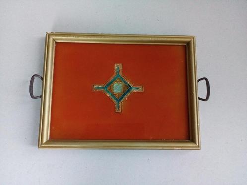 Oud dienblad.Hout/glas/metaal.Brocante., Huis en Inrichting, Woonaccessoires | Dienbladen, Gebruikt, Hout, Rechthoekig, Ophalen of Verzenden