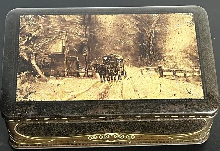 blik Jamin chocolade Rotterdam art nouveau sneeuw postkoets, Verzamelen, Blikken, Gebruikt, Koek(jes), Overige merken, Ophalen of Verzenden