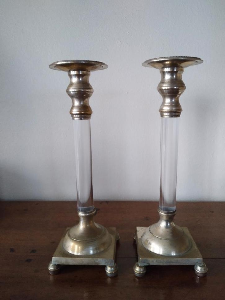 Kandelaars 2x van messing en lucite, vintage, Huis en Inrichting, Woonaccessoires | Kandelaars en Kaarsen, Zo goed als nieuw, Kandelaar