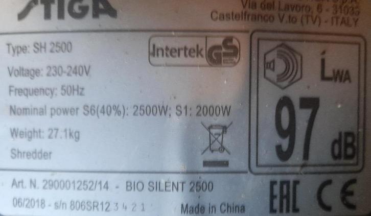 Stiga Bio Silent 2500 - Hakselaar - 2500 Watt, Tuin en Terras, Hakselaars, Gebruikt, Elektrisch, Met opvangbak, Ophalen