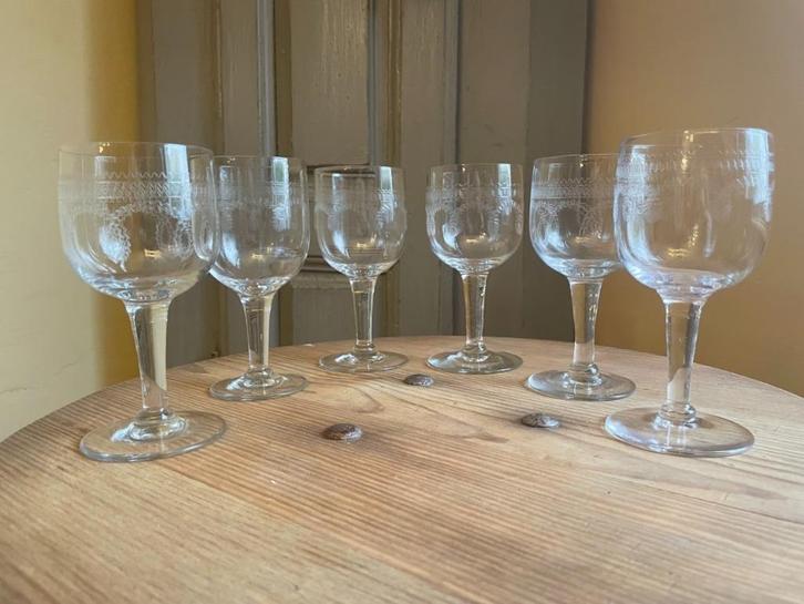 set 6x Wijnglazen Glazen 19e eeuws Frans, Antiek en Kunst, Antiek | Glas en Kristal, Ophalen of Verzenden