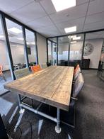 Steigerhout tafel met leren stoelen, Ophalen, 200 cm of meer, 50 tot 100 cm, Zo goed als nieuw