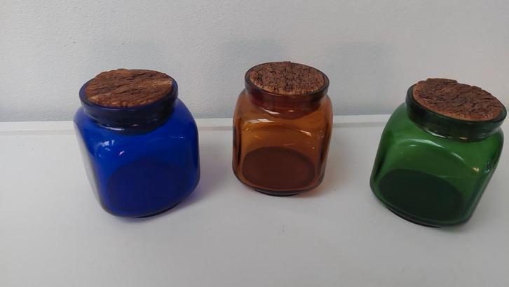 3 apothekers potjes vintage gekleurde glazen potten jaren70, Verzamelen, Retro, Huis en Inrichting, Ophalen of Verzenden