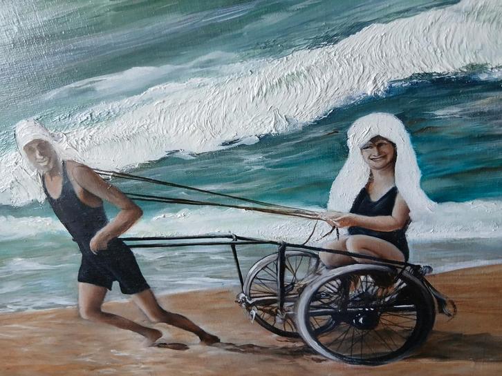 Strandtafereel met badkoets, Antiek en Kunst, Kunst | Schilderijen | Klassiek, Ophalen of Verzenden