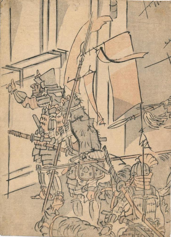 Houtdruk (herdruk) van samoerai, Japan, Antiek en Kunst, Kunst | Etsen en Gravures, Ophalen of Verzenden