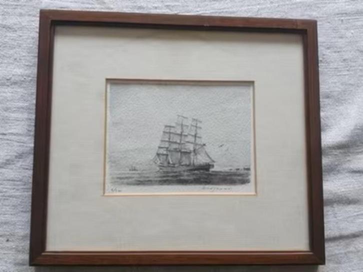 Ets prent Ad. M. Oudes windjammer nr 1 genummerd 4 / 300, Antiek en Kunst, Kunst | Etsen en Gravures, Ophalen