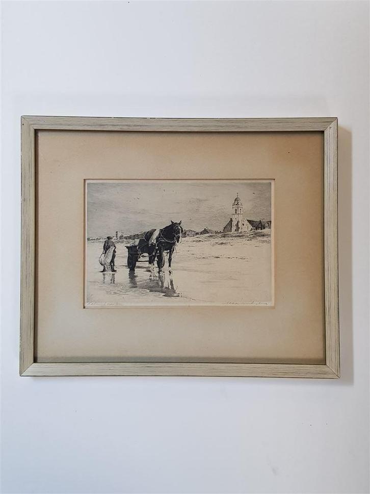 Maarten Langbroek, strandgezicht, ets, gesigneerd, Antiek en Kunst, Kunst | Etsen en Gravures, Ophalen of Verzenden