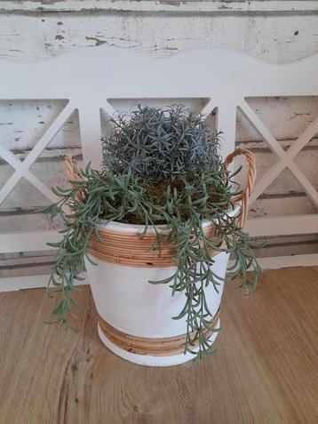 Bloempot wit/rattan riviera maison met kunst inhoud  beschikbaar voor biedingen