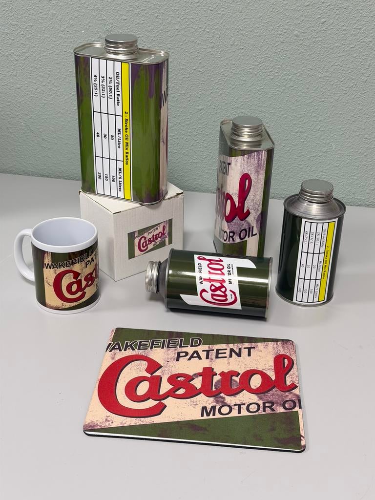 Castrol oil olie Mancave Set 4 olieblikken + mok + muismat, Verzamelen, Ophalen of Verzenden, Nieuw, Overige