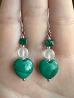 Zilveren oorhangers met malachiet hartjes & matte kwarts, Hangers, Verzenden, Nieuw, Met edelsteen