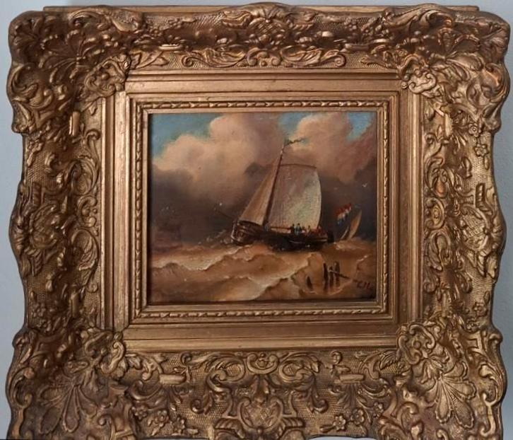 olieverf op paneel, zeegezicht door artiest met initialen LM, Antiek en Kunst, Kunst | Schilderijen | Klassiek, Ophalen of Verzenden