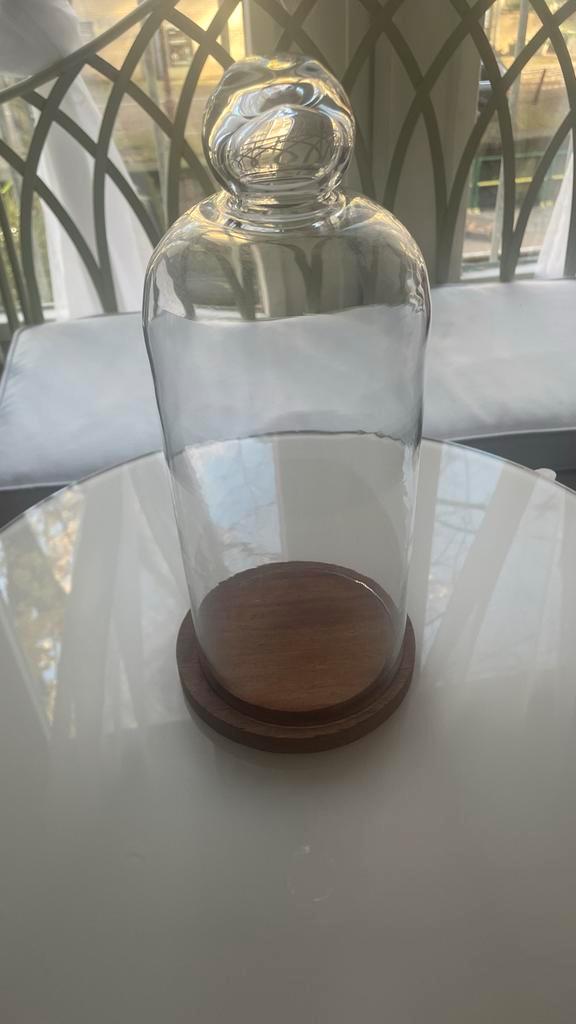 Glazen stolp met houten plateau, Huis en Inrichting, Woonaccessoires | Vazen, Zo goed als nieuw, Overige kleuren, Minder dan 50 cm