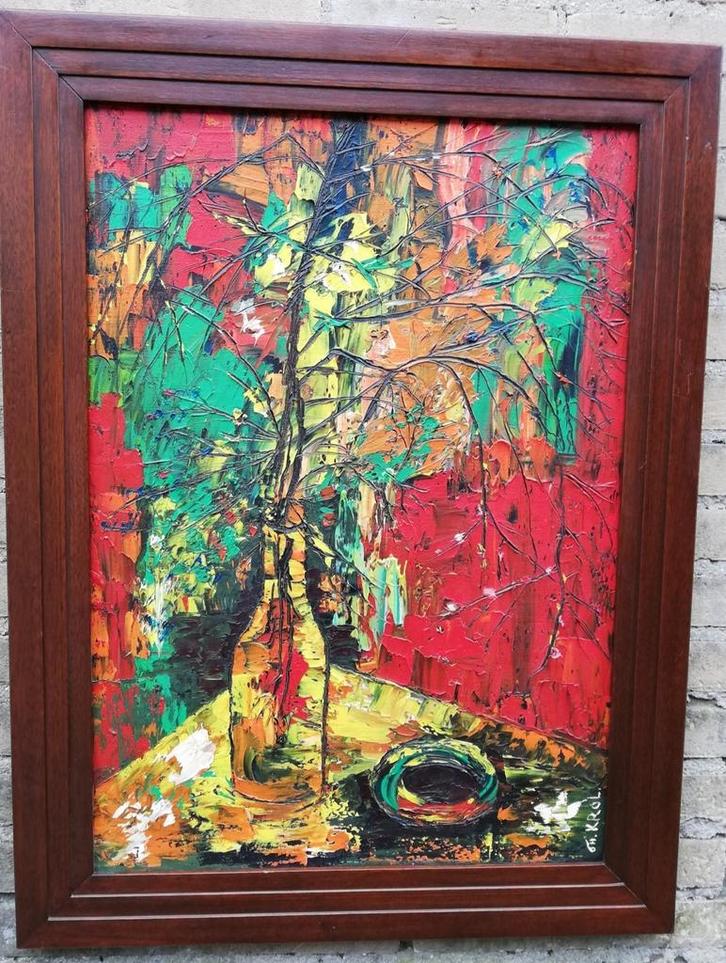 Stilleven. Expressionistisch. Pasteus. Th. Krol. 62/83 cm., Antiek en Kunst, Kunst | Schilderijen | Klassiek, Ophalen