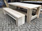 Robuuste tuinset , tafel en twee banken van gebruikt steiger, Tuin en Terras, Nieuw, Tuinset, Ophalen, Steigerhout