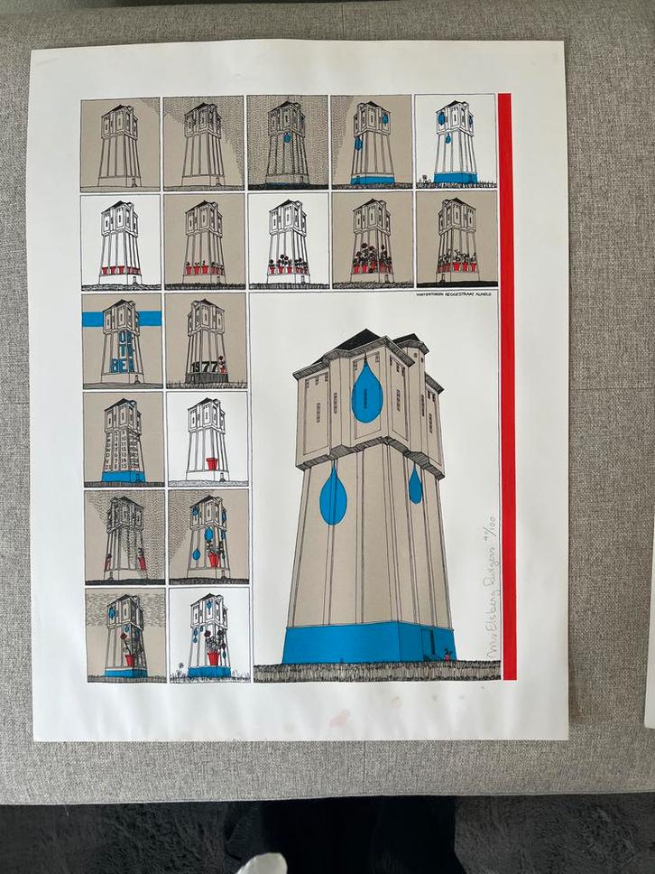 Mw. Elsberg Rutgers Litho 4/100 Watertorens Zeefdruk Kunstwe, Antiek en Kunst, Kunst | Litho's en Zeefdrukken, Ophalen of Verzenden