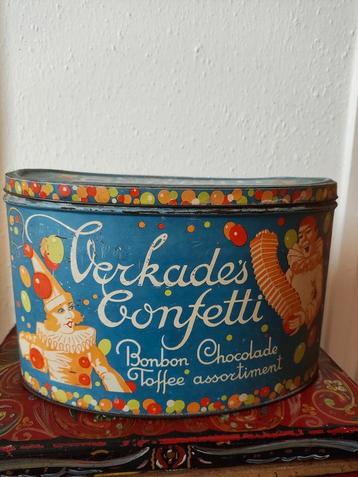Prachtig groot antiek winkelblik 'Verkade's Confetti' beschikbaar voor biedingen