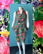 Vintage jaren 80 peplum-jurk groen/bloemen maat 36, Verzenden, Vintage, Knielengte, Maat 36 (S)