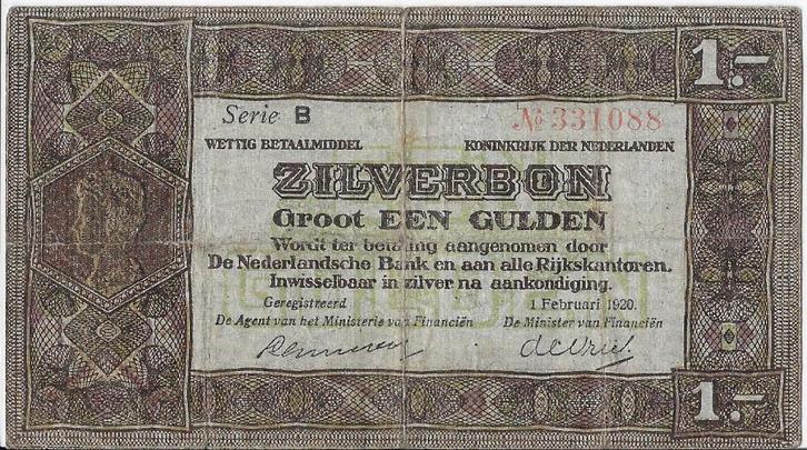1 gulden 1920 'Zilverbon' Fraai (zeldzaam type!), Postzegels en Munten, Bankbiljetten | Nederland, Los biljet, 1 gulden, Ophalen of Verzenden