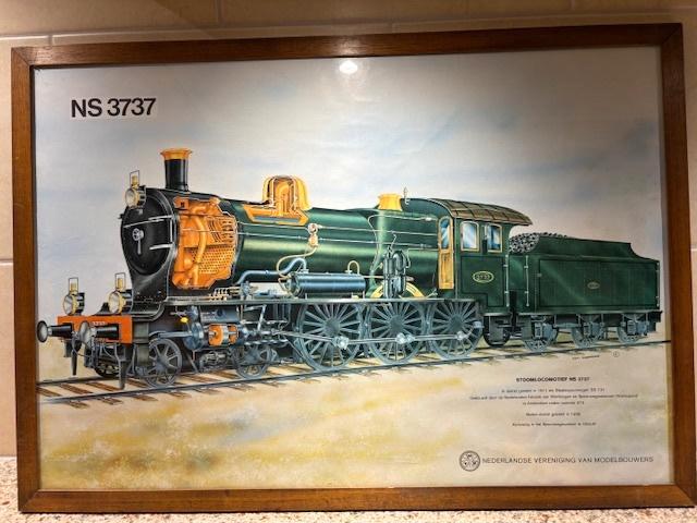 Grote tekening/ poster van de stoomlocomotief NS 3737., Verzamelen, Spoorwegen en Tramwegen, Gebruikt, Trein, Kaart of Prent, Ophalen of Verzenden