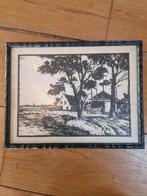 Linoleum snede boerderij hollands landschap, Antiek en Kunst, Kunst | Litho's en Zeefdrukken, Ophalen of Verzenden