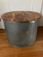 Salontafel drum, zink met massief houten blad, Ophalen, Rond, 50 tot 100 cm, Zo goed als nieuw
