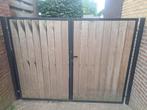 Dubbele houten tuinpoort met stalen frame, Ophalen, Gebruikt, 150 tot 200 cm, IJzer