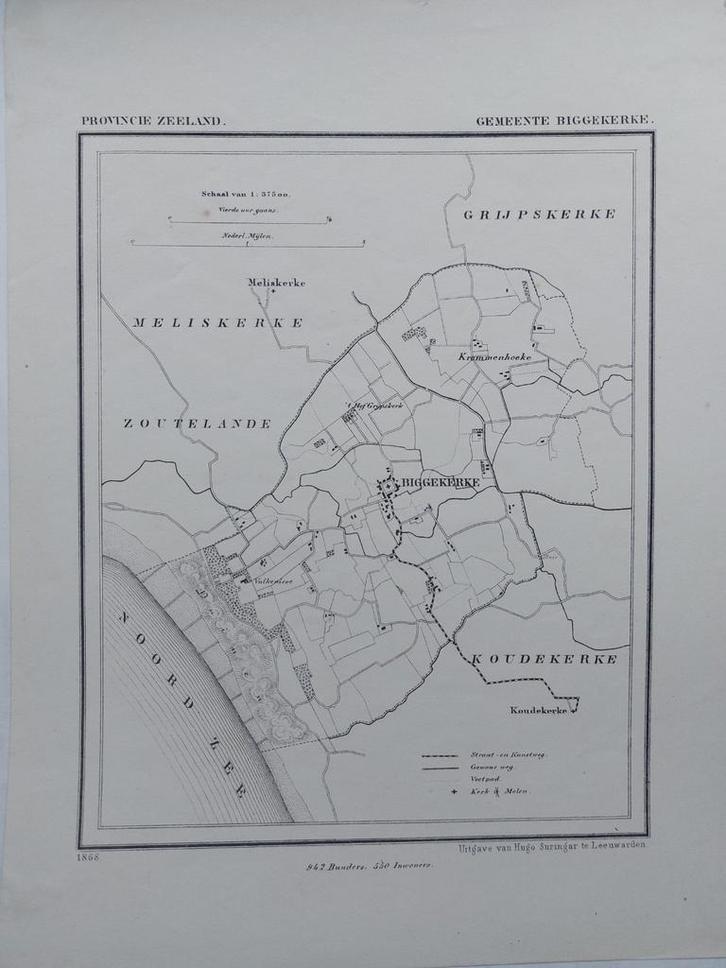 5 / Biggekerke Krommenhoeke Zoutelande Litho 1866 J. Kuyper, Antiek en Kunst, Kunst | Litho's en Zeefdrukken, Ophalen of Verzenden