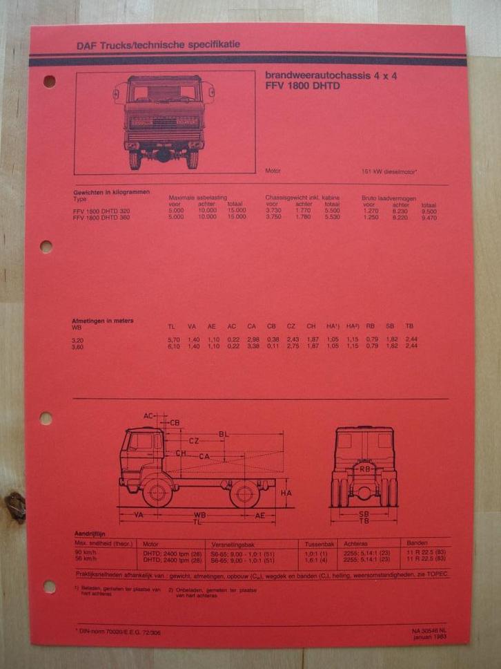 DAF FFV 1800 DHTD Technische Specificatie Folder 1983 – 4x4, Boeken, Auto's | Folders en Tijdschriften, Zo goed als nieuw, Overige merken