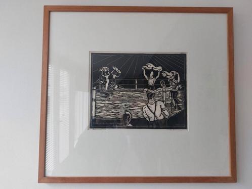 Herman Bieling - Houtsnede Bokswedstrijd, Antiek en Kunst, Kunst | Etsen en Gravures, Ophalen of Verzenden