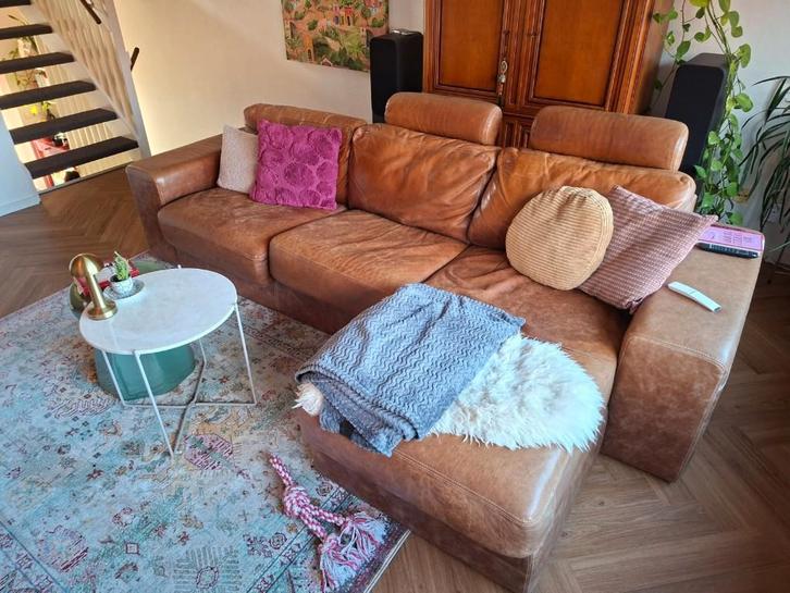 3-zits lederen bankstel cognac 'industrieel' met traagschuim, Huis en Inrichting, Banken | Bankstellen, Gebruikt, Hoekbank, Vierpersoons of meer