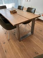 Eettafel 220x100 + Salontafel 120x62 massief eiken frame RVS, Ophalen, Gebruikt, 200 cm of meer, 50 tot 100 cm