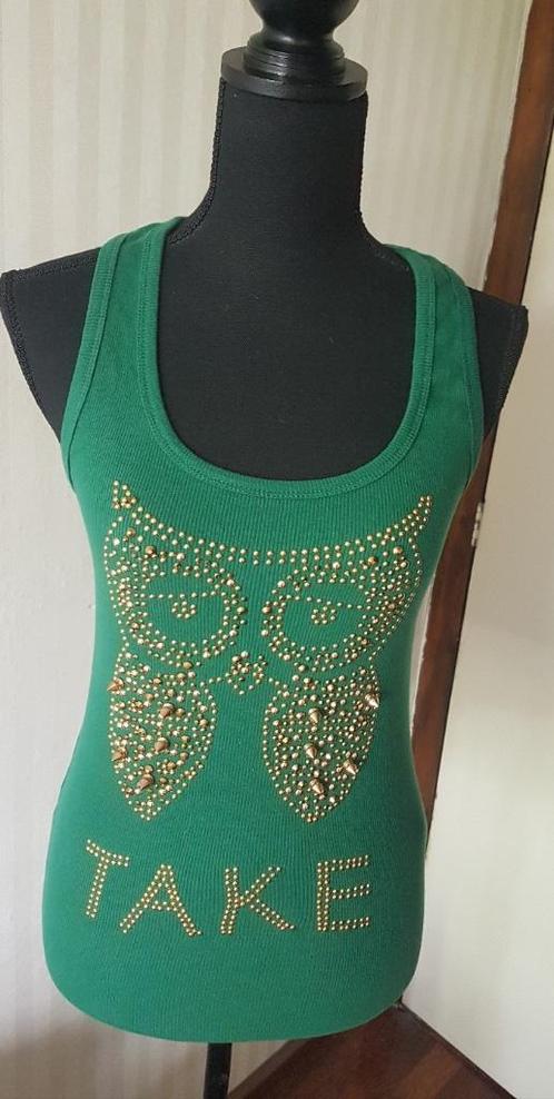 Stoere top uil met goudkleurige studs, festival 36 / 38 S M, Kleding | Dames, Tops, Zo goed als nieuw, Maat 36 (S), Groen, Zonder mouw