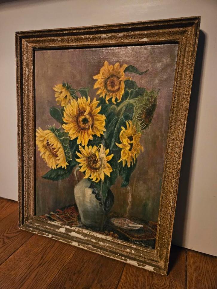 Zonnebloemen in vaas - Olieverfschilderij, Antiek en Kunst, Kunst | Schilderijen | Klassiek, Ophalen of Verzenden