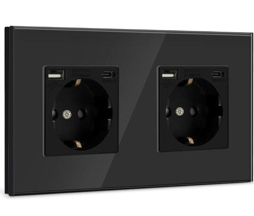 Nieuwe wandcontactdoos duo met en zonder usb glas zwart, Hobby en Vrije tijd, Elektronica-componenten, Nieuw, Ophalen of Verzenden
